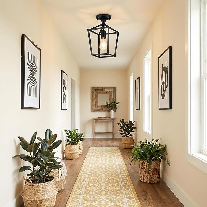 【Upgraded】Semi Flush Mount Ceiling Light, Black Industrial Ceiling Light Fixtures, Farmhouse Light Fixture for Hallway Stairway Garage Living Room Dining Room Balcony（Not waterproof, Not for Outdoor）