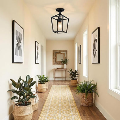 【Upgraded】Semi Flush Mount Ceiling Light, Black Industrial Ceiling Light Fixtures, Farmhouse Light Fixture for Hallway Stairway Garage Living Room Dining Room Balcony（Not waterproof, Not for Outdoor）