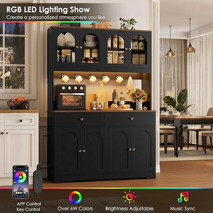 HIFIT 71" LED Kitchen Pantry Cabinet with Power Outlet, Large Kitchen Hutch Storage Cabinet with Arched Door & Shelves & 2 Drawers, Tall Farmhouse Coffee Bar w/Hutch for Home Dining Living Room, Black