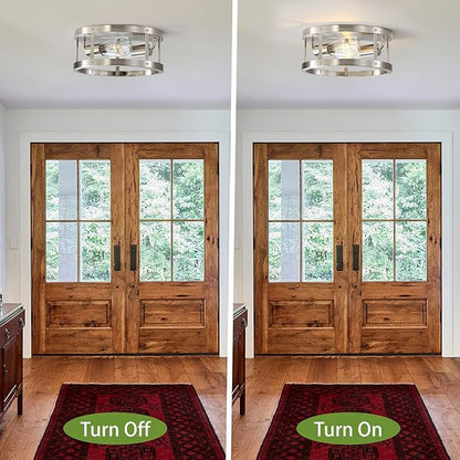 Close to Ceiling Light Fixtures, 2-Light Brushed Nickle Semi Flush Mount Ceiling Light, 11 Inch Modern Indoor House Kitchen Round Ceiling Lights for Bedroom Foyer Hallway, Easy Assembled