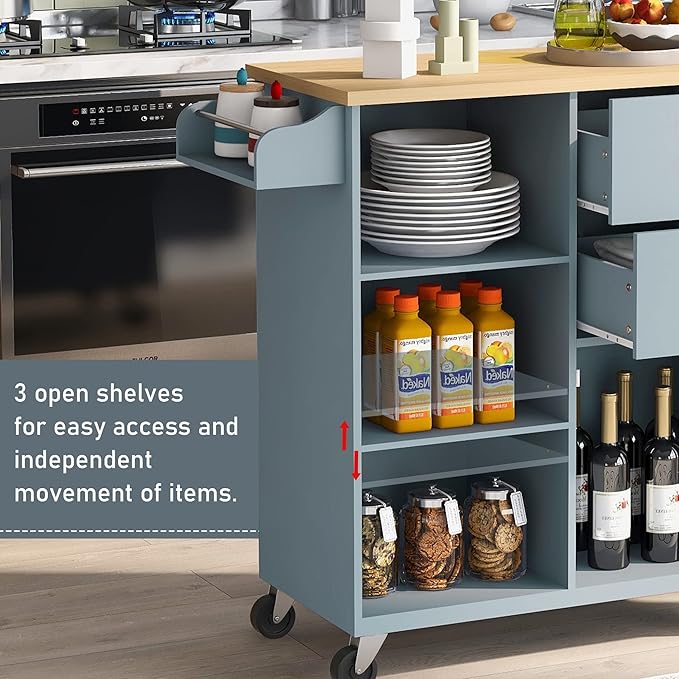 Fashion Store Kitchen Island Cart with Rubber Wood Top and 2 Drawers,4 Wheels and 3 Open Shelves,for Kitchen,Dining Room,Bathroom,Living Room (Grey Blue@E)
