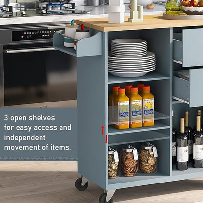 Fashion Store Kitchen Island Cart with Rubber Wood Top and 2 Drawers,4 Wheels and 3 Open Shelves,for Kitchen,Dining Room,Bathroom,Living Room (Grey Blue@E)