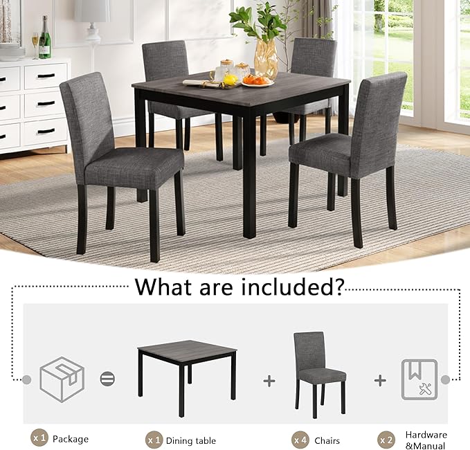 5-Piece Dining Table Set for 4, Wooden Kitchen Table and Chairs Set of 4, Square Dining Room Table with Upholstered Seats for Kitchen and Dining, Light Grey & Black Two Tone