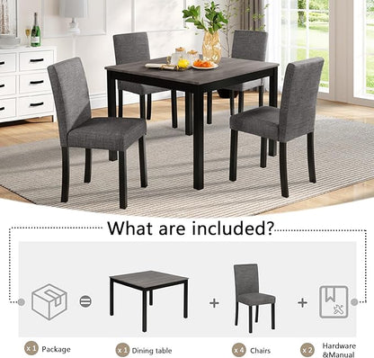 5-Piece Dining Table Set for 4, Wooden Kitchen Table and Chairs Set of 4, Square Dining Room Table with Upholstered Seats for Kitchen and Dining, Light Grey & Black Two Tone