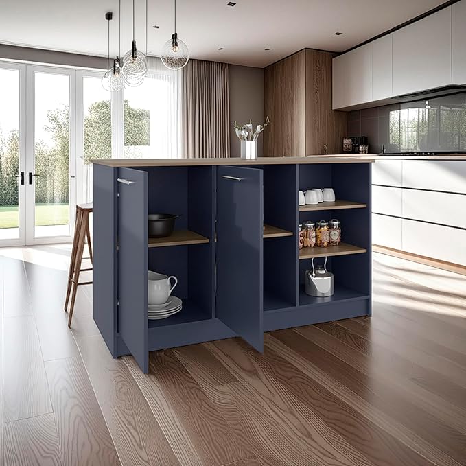 GOWE Ginger Kitchen Island, Three Open Shelves, Two Cabinets Doors with Interior Storage Option, Floorstanding Island, Kitchen Organizer and Decor