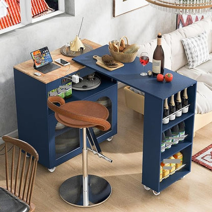 Rolling Kitchen Island with Extended Table and Power Outlets 2 Fluted Glass Doors Storage Compartment 3 Side Open Shelves Practical(Blue)