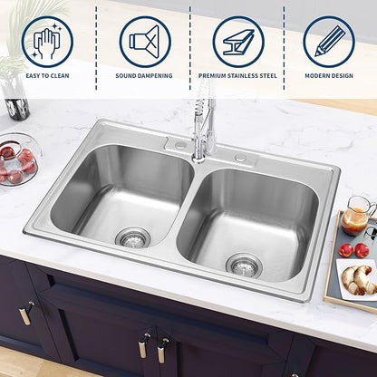 Kitsitchen 33x22-Inch Drop-in Stainless Steel 50/50 Double Bowl Kitchen Sink with Strainer, Top Mount Double Bowl Kitchen Sinks with 3 holes (33" X 22"X 9")