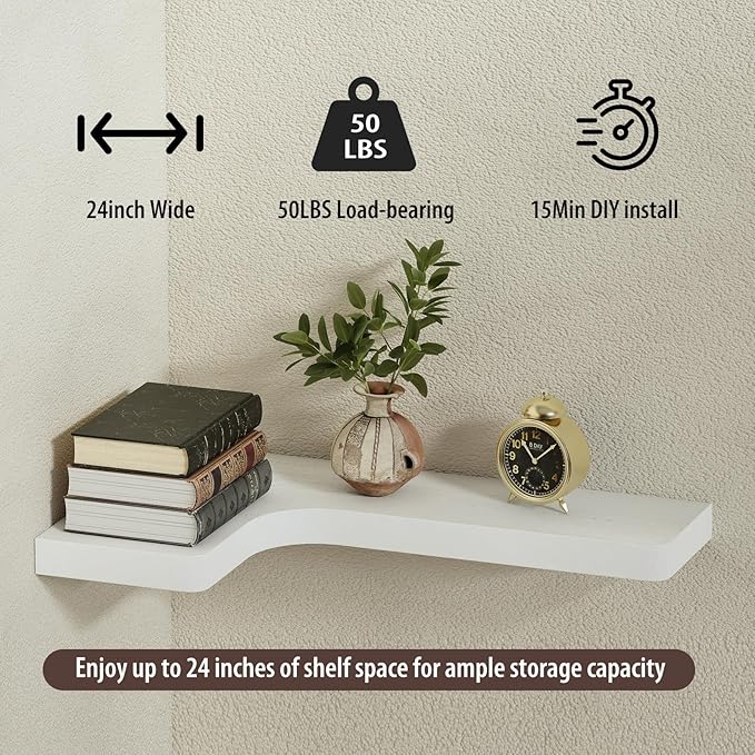 SAUMONIERES Corner Floating Shelves 24 Inch Wall Mount Shelf Solid Wood for Bedroom Bathroom Kitchen Storage Set of 2, White