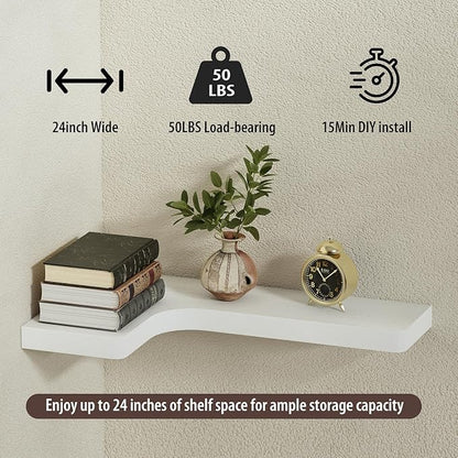 SAUMONIERES Corner Floating Shelves 24 Inch Wall Mount Shelf Solid Wood for Bedroom Bathroom Kitchen Storage Set of 2, White