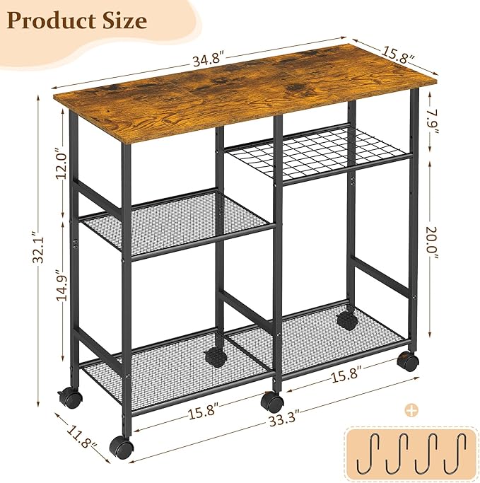 ThreeHio Kitchen Microwave Cart, Microwave Stand with Adjustable Shelf, Coffee Bar Stand Kitchen Baker's Rack with Wheels Rolling Storage Cart Organizer Shelf for Living Room, Office, Balcony