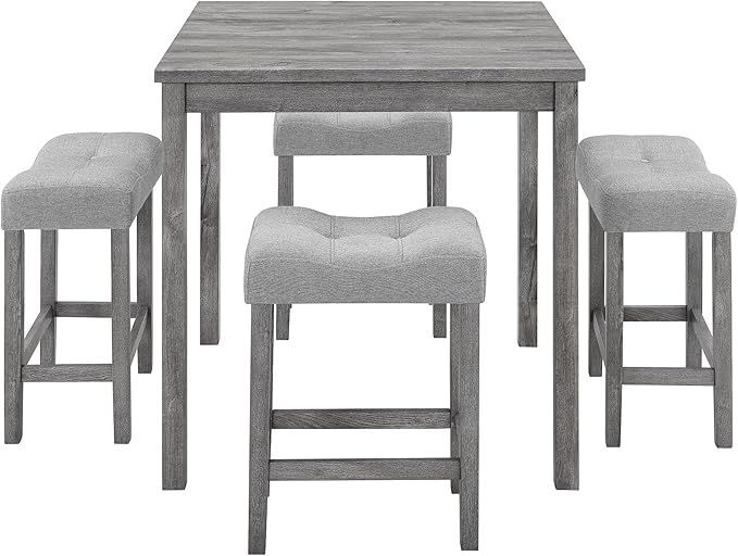 KEIKI 5 Piece Industrial Dining Table Set with 4 Upholstered Bar Stools, Counter Height Kitchen Table and Chairs Set, Space-Saving Breakfast Table Set for Dining Room, Living Room, Apartment, Gray