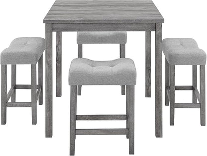 KEIKI 5 Piece Industrial Dining Table Set with 4 Upholstered Bar Stools, Counter Height Kitchen Table and Chairs Set, Space-Saving Breakfast Table Set for Dining Room, Living Room, Apartment, Gray