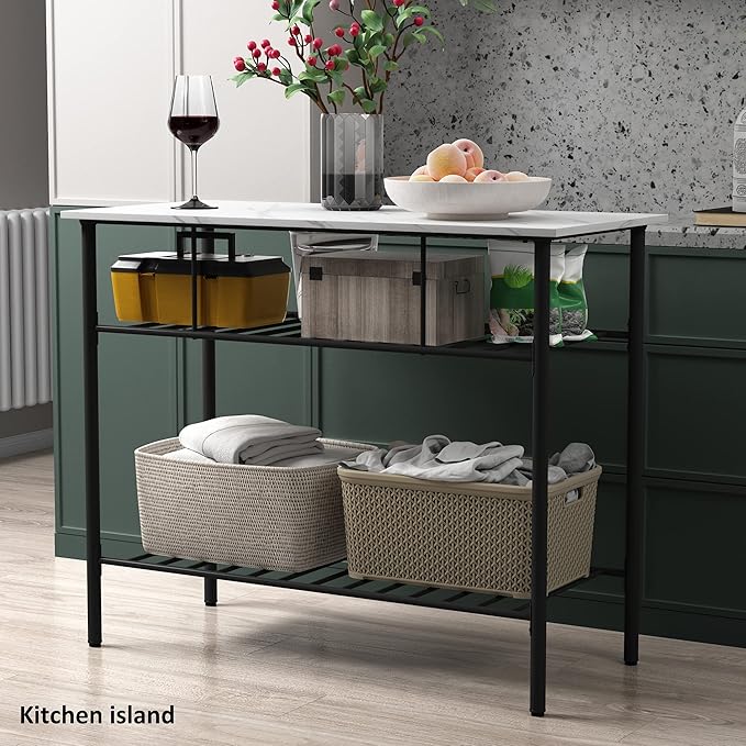 5-Piece Metal Dining Room Furniture Set with Marble Dining Table and 2 Stools/1 Kitchen Island/1 Wine Rack Table, Ideal for Small Small Apartment, Studio (Black + Metal-1)