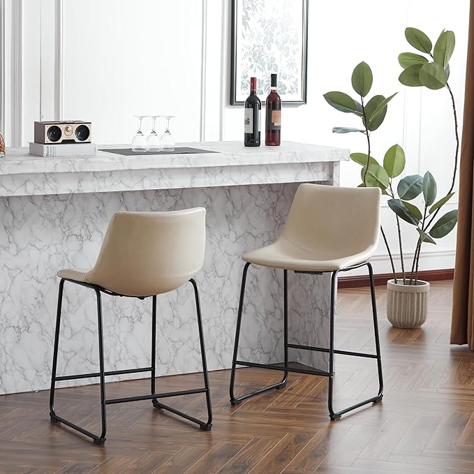 Harper & Bright Designs Vintage Style 24-Inch Armless Industrial Faux Leather Counter Stool with Metal Legs and Footrest for Kitchen Island, Cafe, Pub, Bar Counter, Cream and Black(Set of 2)