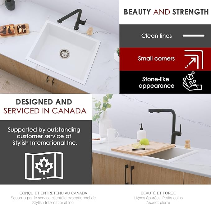 Stylish 22 x 17.5 Composite Granite Kitchen Sink, Single Bowl Under Mount & Drop in, 8.25 in Deep, Rear-Center Drain, with Strainer, White, S-822H