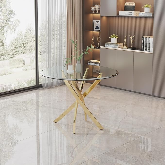 Pvillez 36“ Round Dining Table for 4, Contemporary Tempered Glass Dining Table, Small Dinner Table with Stainless Steel Base, Round Clear Kitchen Table Writing Desk for Dining Kitchen