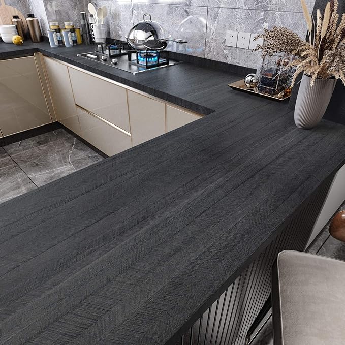 WESTICK Black Wood Countertop Contact Paper Peel and Stick Wallpaper Waterproof Self Adhesive Faux Wood Grain Contact Paper for Countertops Kitchen Cabinets Wall Furniture Wooden Vinyl Wrap 15.8"x393"