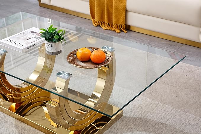 Modern Glass Coffee Table, 51" Sofa Coffee Table with Gold Stainless Steel Frame and Clear Glass Top, Rectangular Cocktail Table Accent Centre Table for Living Room