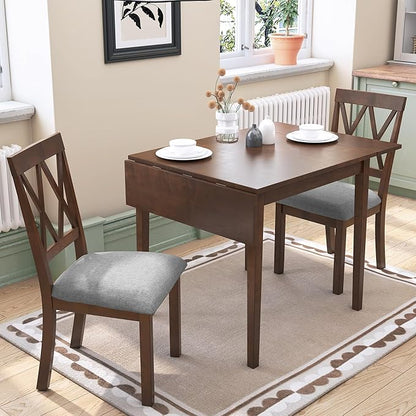 Ball & Cast 3-Piece Farmhouse Kitchen Island Drop Leaf Table-Chair Set, 29.57“/45.67" Folding Table w/ 2pcs Backrest Dining Chairs,Foldable Wooden Breakfast Set for Small Place,Space Saving, Brown