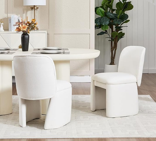 Hyfirm Modern Upholstered Dining Chairs Set of 2, Linen Accent Side Dining Chairs Armless Kitchen Chairs with Curved Back Parsons Chairs for Kitchen Dining Room Living Room, White