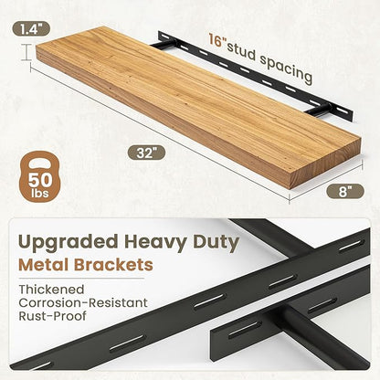 Fun Memories Solid Elm Wood Floating Shelves Set of 2-32 Inch Rustic Wall Shelves with Heavy-Duty Invisible Brackets - for Living Room, Kitchen, Bedroom, Bathroom - Natural Finish