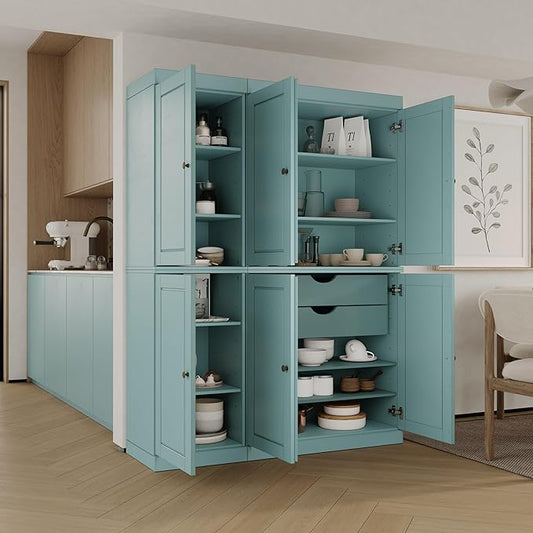 Palace Imports Solid Wood Kitchen Pantry Cabinet - 71.5" Tall x 48.5" Wide - Freestanding Storage Pantry w/ 2-Drawer Kit & Adjustable Shelves - Aqua, Renewable Eco-Friendly 100% Wood, Made in Brazil