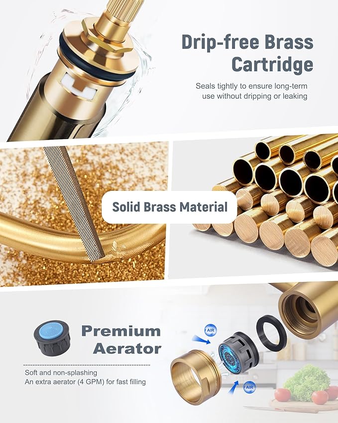 Deck Mount Pot Filler Faucet, ARCORA Solid Brass Pot Filler Brushed Gold Kitchen Folding Faucet with Stretchable Double Joint Swing Arm, Deck Mounted Pot Filler