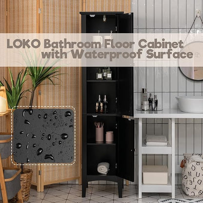 LOKO Tall Bathroom Floor Cabinet, Multifunctional Storage Cabinet with Doors, Narrow Slim Linen Tower for Bathroom, Living Room or Kitchen, 14.5 x 14.5 x 63 inches (Black)
