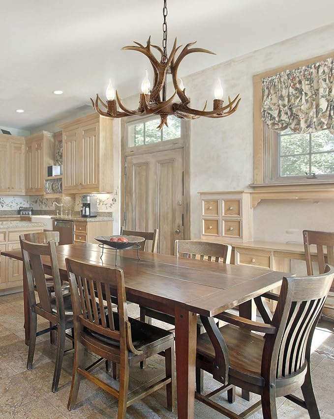 JONATHAN Y 26" Brown Rustic Resin Antler 4-Light LED Chandelier, Farmhouse Faux Deer Horn Hanging Ceiling Light for Dining Room, Kitchen Island, Adjustable Light Fixture JYL6301A