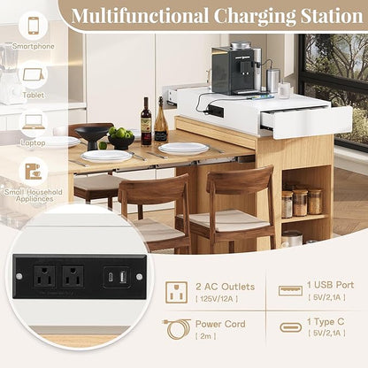 Extendable Dining Table with Folding Tabletop, Bar Table with Drawers and Power Outlet, Kitchen Island with Wheels and Hooks for Kitchen, Dining Room, Natural+Creamy White