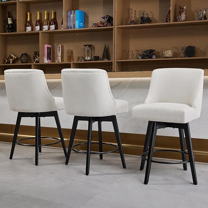 Counter Height Bar Stools Set of 3, Swivel Barstools with Backs and Wood Legs, Linen Fabric Upholstered Counter Stools for Kitchend Island, Mid-Century Modern 26" Seat Height Bar Chairs, Cream