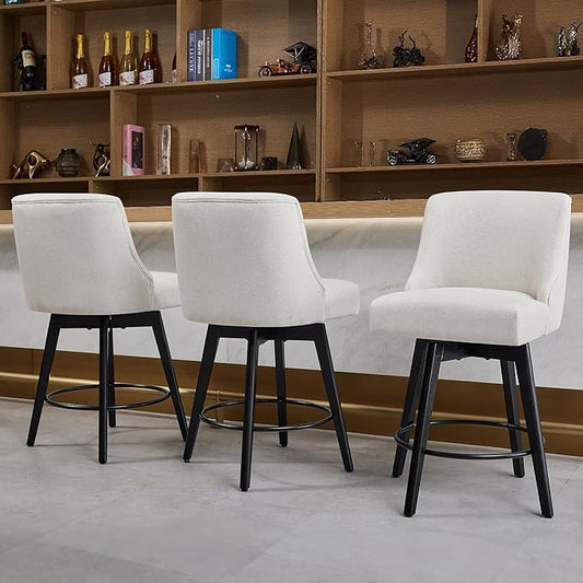 Counter Height Bar Stools Set of 3, Swivel Barstools with Backs and Wood Legs, Linen Fabric Upholstered Counter Stools for Kitchend Island, Mid-Century Modern 26" Seat Height Bar Chairs, Cream