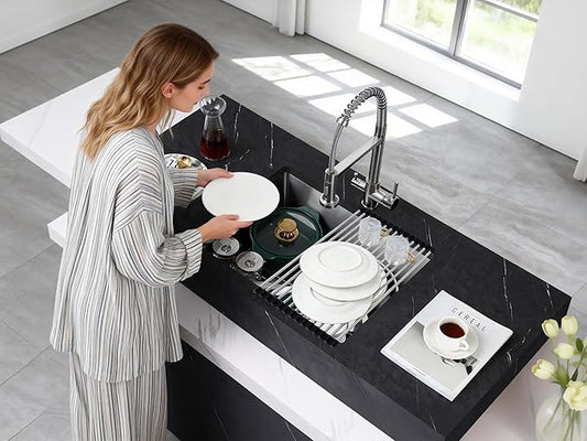 MENATT 25x18 Inch Undermount Kitchen Sink, T-304 Stainless Steel Single Bowl with 3mm Thickened Flange & Roll-up Drying Rack, 9" Deep for Laundry, RV, Indoor/Outdoor Use