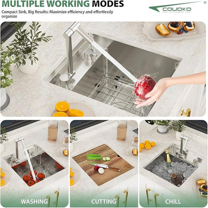 16x17 Inch Outdoor Sink Undermount RV Sink Workstation 16 Gauge Stainless Steel Single Bowl Handmade Concealed Outdoor Kitchen Sinks With Folding Faucet 16"x17"x9"