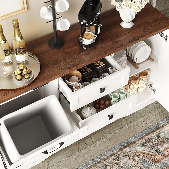 Vabches Farmhouse Buffet Cabinet with Tilt Out Trash Can, 55" Coffee Bar Cabinet&Sideboard with Storage and Drawers