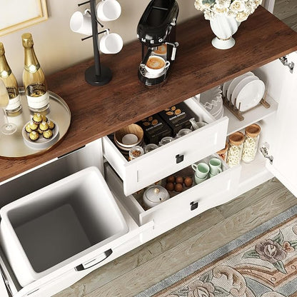 Vabches Farmhouse Buffet Cabinet with Tilt Out Trash Can, 55" Coffee Bar Cabinet&Sideboard with Storage and Drawers