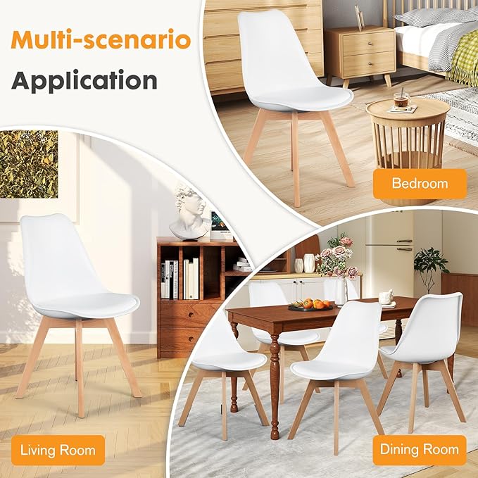 NEWBULIG Dining Chairs Set of 8, Mid Century Modern Dining Room Chairs for Kitchen, PU Leather Cushion and Upholstered Side Seating with Wood Legs for Living Rroom, Lounge, White