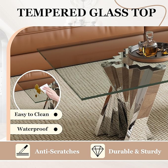 Glass Coffee Table, 51" Center Table with Tempered Glass Tabletop and Mirror Finish Stainless Steel Legs, Modern Rectangular Tea Table for Living Room, Office, Apartment