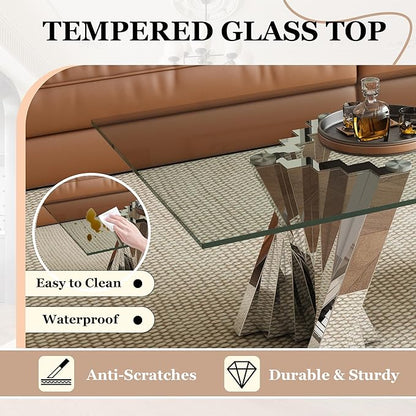 Glass Coffee Table, 51" Center Table with Tempered Glass Tabletop and Mirror Finish Stainless Steel Legs, Modern Rectangular Tea Table for Living Room, Office, Apartment