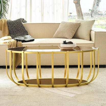 Saint Mossi Glass Oavl Coffee Table for Living Room, Mid Century Modern 2-Tier Gold Center Table, Brown Glass Top and Brown Mirror Shelf with Gold Finish Legs & Frame, D42xW23xH16