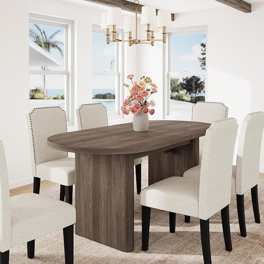 GarveeHome Oval Dining Table for 6-8 People, Long Large Kitchen Table with Thick Sturdy Wooden Base, Farmhouse Dining Room Table for for Kitchen, Living Room, Office (63" Long,Brown)