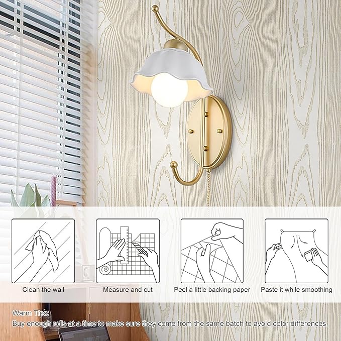 Yun-aeon Beige and Gold Wood Contact Paper 17.3"x400" Rustic Wooden Peel and Stick Wallpaper Removable Self-Adhesive Wallpaper Wood Grain Contact Paper for Countertops Cabinets