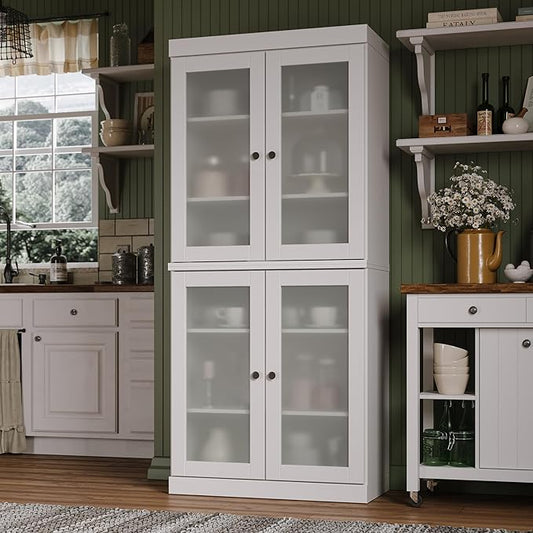 Palace Imports 100% Solid Wood Kitchen Pantry w/ 4 Frosted Glass Doors, White, 32" w x 71.5" h, Renewable Eco-Friendly Wood, Made in Brazil