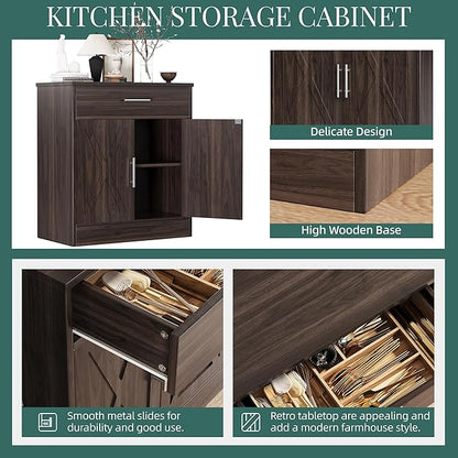 Shintenchi Farmhouse Storage Cabinets with Doors and Shelves,Kitchen Barn Door Storage Cabinet with Drawers,Coffee Bar Cabinet Buffest Sideboard for Dining Living Room,Bathroom,Entryway,Dark Brown