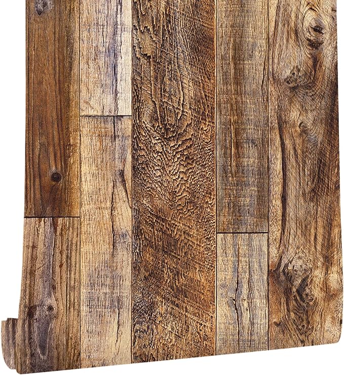 Yun-aeon Brown Wood Peel and Stick Wallpaper 17.3" X 236"Coffee Brown PVC Self Adhesive Wood Wall Peel and Stick Paper for Wall Covering Furniture Countertop Kitchen Christmas DIY