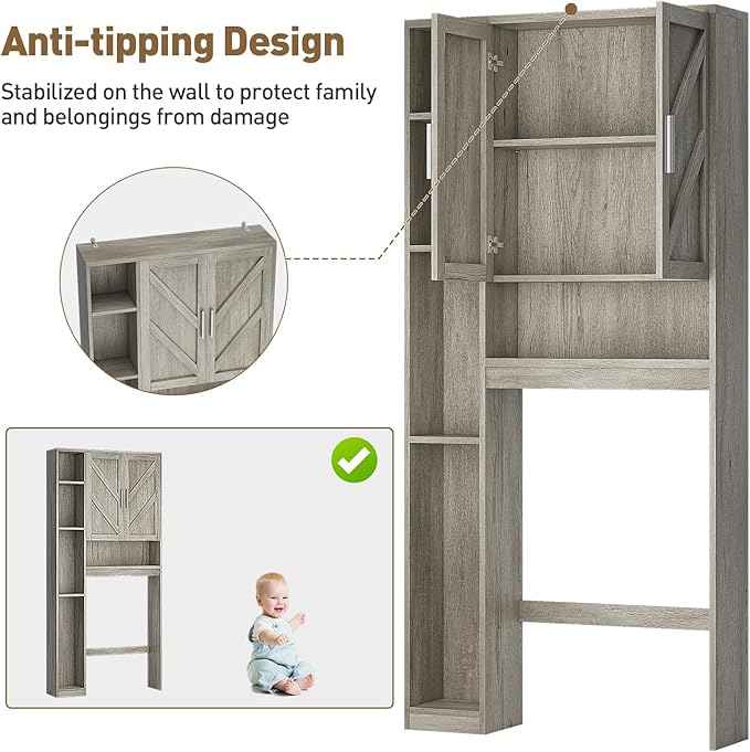 Over The Toilet Storage Cabinet with 7 Storage Shelves, Above Toilet Bathroom Organizer with Toilet Paper Holder Stand, Behind Toilet Cabinet, Space Saver for Restroom, Bathroom, Laundry, Grey