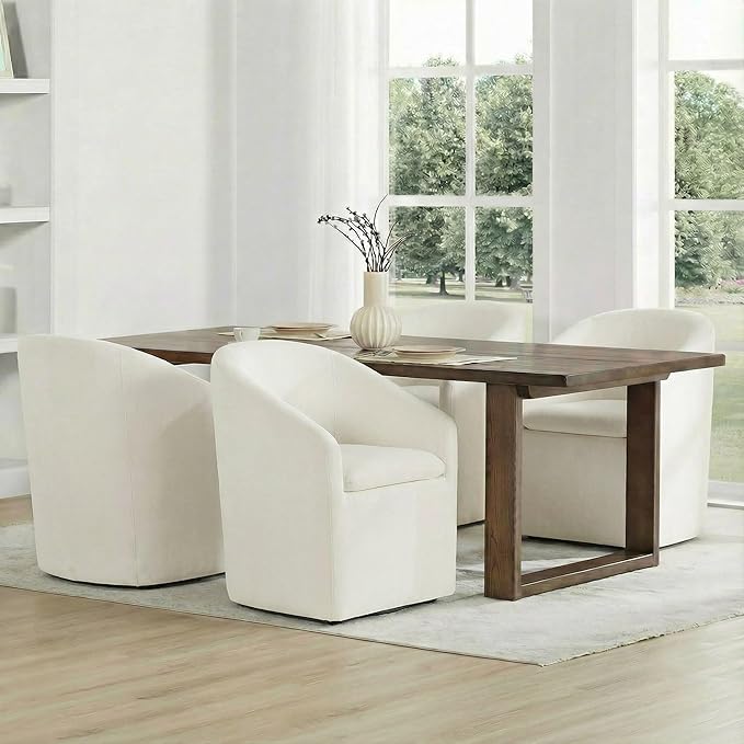 KISLOT Upholstered Dining Chairs Set of 1 with Casters, Modern Side Barrel Armchair with Washable Slipcover & Sturdy Metal Frame for Diningroom Bedroom Livingroom Reading Room, Beige Fabric