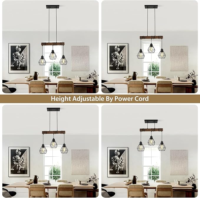 20'' 3-Light Kitchen Chandeliers Over Table, Farmhouse Black Dining Room Light Fixture, Linear Rustic Wood Ceiling Pendant Island Light Fixtures with Metal Lampshade, Height Adjustable by Power Cord