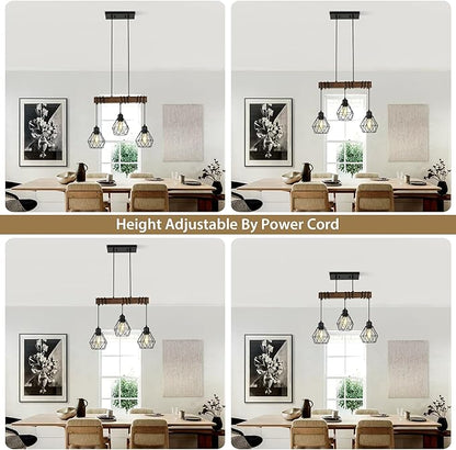 20'' 3-Light Kitchen Chandeliers Over Table, Farmhouse Black Dining Room Light Fixture, Linear Rustic Wood Ceiling Pendant Island Light Fixtures with Metal Lampshade, Height Adjustable by Power Cord