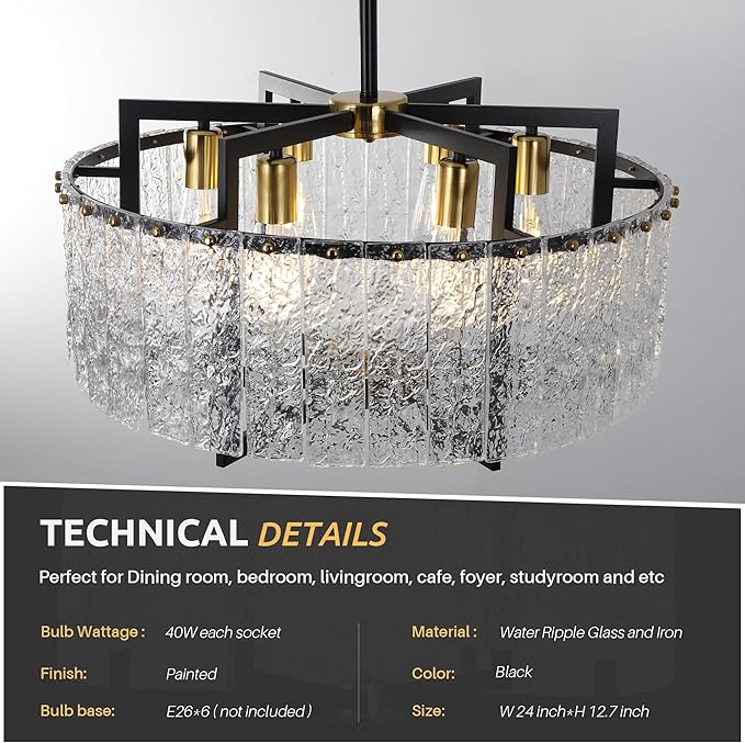 Modern Black Crystal Chandeliers for Dining Room, Elegant Chandelier Light Fixture for Kitchen Island, Water Ripple Glass, Drum Hanging Lights for Bar Table Entryway Foyer Hallway-24”